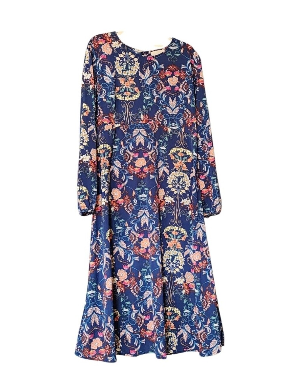 Navy Floral Long Sleeve Midi Dress